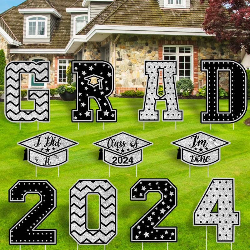 Photo 1 of 11 PCS Black and Silver Graduation Decoration Class of 2024 Grad Yard Signs Congratulate Graduation Lawn Signs with 22 Stakes for Outdoor Graduation Party Supplies (Black Silver)