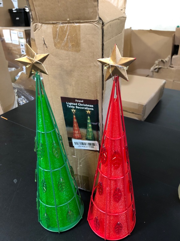 Photo 2 of Juegoal 2 Pack Lighted Christmas Table Decorations with Golden Top Star, Battery Operated Cone Shaped Lights with LED, Indoor Xmas Holiday Winter Wedding Party Tabletop Desk Ornament, Green & Red