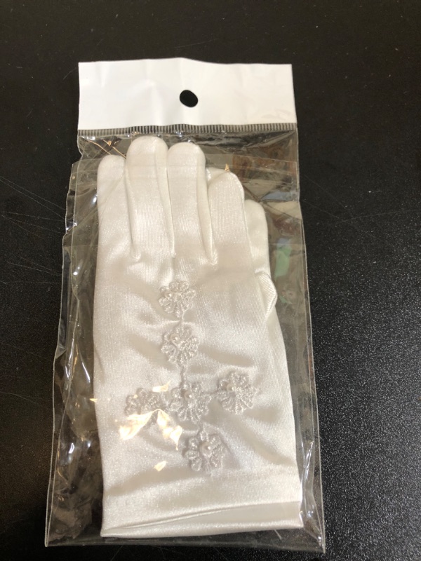 Photo 2 of White First Communion Gloves | Elegant Formal Gloves for Girls | Lace Cross Applique with Pearl-Style Beads | Soft Stretchy Fabric - Nylon and Spandex | Available in Three Sizes (0-3 Y)