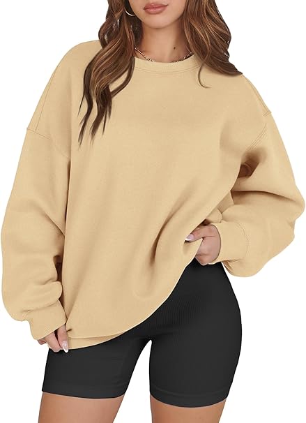 Photo 1 of Caracilia Womens Oversized Sweatshirt Crewneck Loose fit Long Sleeve Fleece Pullover 2023 Fall Casual Clothes Hoodie Top, 16_ Almond, XS