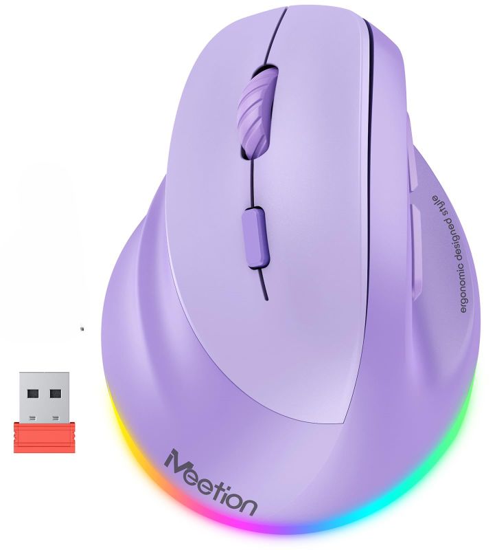 Photo 1 of MEETION Left-Handed Mouse, Ergonomic Mouse Wireless Vertical Mouse, RGB Rechargeable Mice for Bluetooth(5.2 + 3.0) & USB-A with Type-c Adapter 4 Adjustable DPI for Mac/Windows/PC/Tablet/iPad Purple