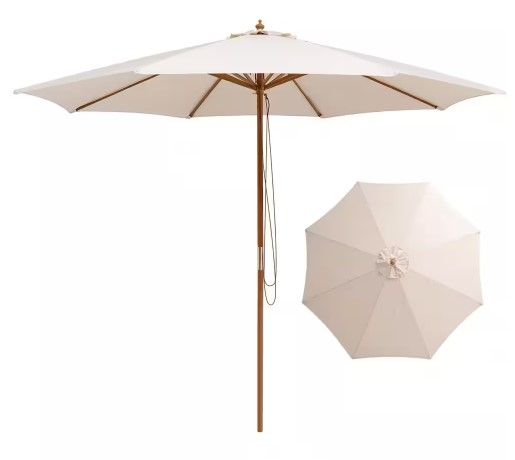 Photo 1 of 10 ft. Wood Table Market Patio Umbrella w/8 Bamboo Ribs Pulley Lift & Ventilation Hole
