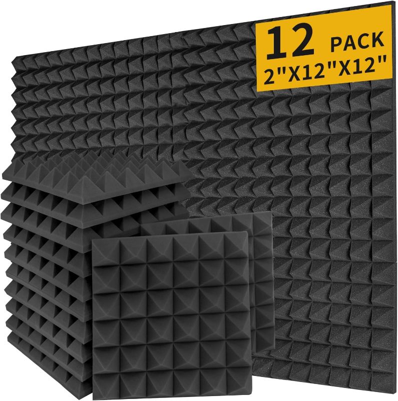 Photo 1 of Acoustic Foam Panels 12 Pack – 2" x 12"x 12" Pyramid High Density Soundproofing Wedges for Wall, Noise Absorbing and Sound-Damping, Quick-Recovery, Fire-Resistant – Perfect for Studio, Gaming Room