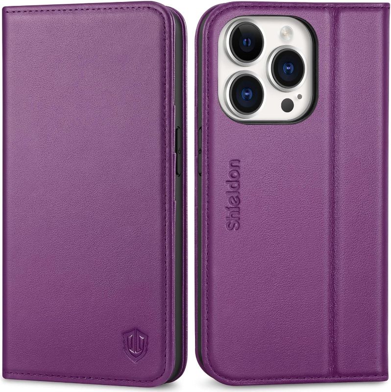 Photo 1 of SHIELDON Wallet Case for iPhone 14 Pro 2022, Genuine Leather Folio Wallet Case with Kickstand RFID Blocking Card Slots Magnetic Shockproof Cover Compatible with iPhone 14 Pro 5G 6.3" - Purple
