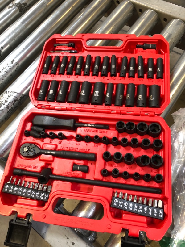 Photo 2 of LLNDEI 1/4 inch Drive Impact Socket Set 83 Piece,Standard SAE(5/32-9/16 inch) Metric Size(4-15mm),72T Ratchet Wrench Handle,CR-V Mechanics Tool Set with Adapter,Screwdriver Bits for Automotive Repair