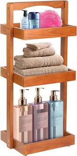 Photo 1 of BETSEO Pine Wood 3 Tier Standing Shower Organizer with Handle, Caddy Basket for Shampoo, Rack for Shower for Bath. Fruit basket for the kitchen, filing shelf for office. (3 Tier-Brown Color)