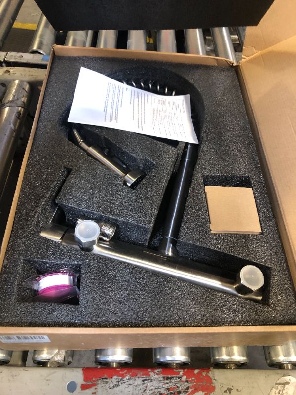 Photo 1 of FLWUEUE Wall Mount Faucet 8 Inches Center, with Pull Down Sprayer, High Arc Single Handle Spring Kitchen Sink Faucet, Grifos De Cocina, Brushed Nickel