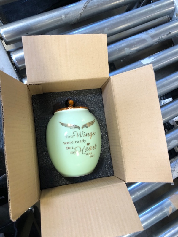 Photo 2 of LINES ARTE Medium Urns for Human Ashes Adult Female, 6.7x5.2 Inch Medium Size Urn for Mom/Sister/Women with Green Angel Wings, Ceramic Cremation Urns for Ashes Adult Female