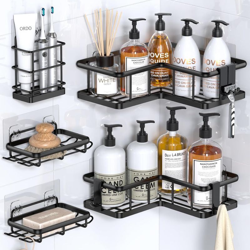 Photo 1 of YASONIC 5-Pack Corner Shower Caddy, Corner Shower Shelves with 12 Hooks, Rustproof Shower Shelf for Inside Shower, No Drilling Shower Corner Shelf, Bathroom Shower Organizer Corner, Black
