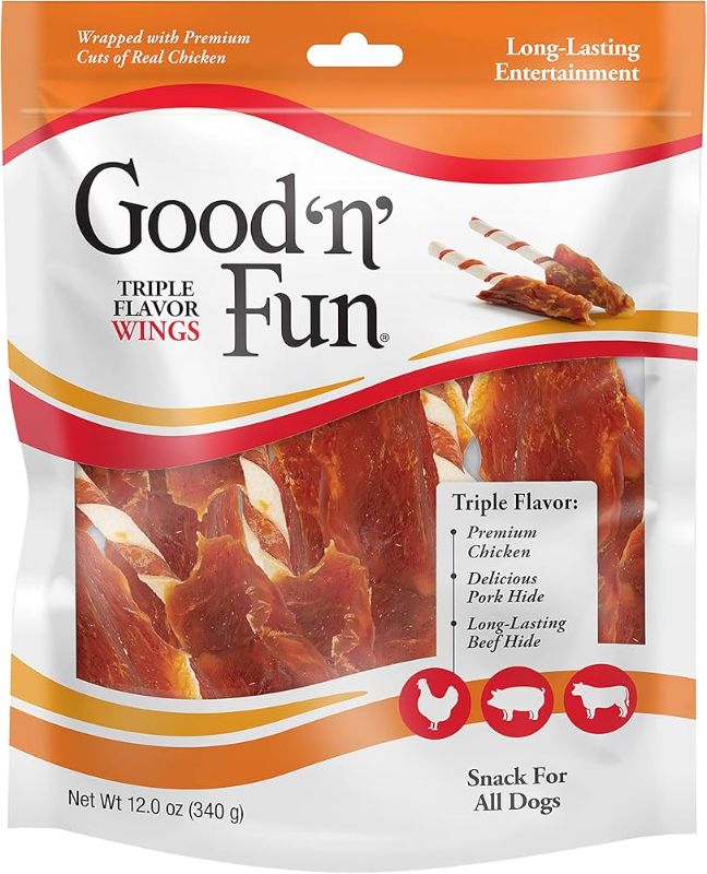 Photo 1 of 1pack exp date 12/2024---Good'N'Fun P-94130 Triple Flavor Wings Dog Chews, One Size 12 Ounce 