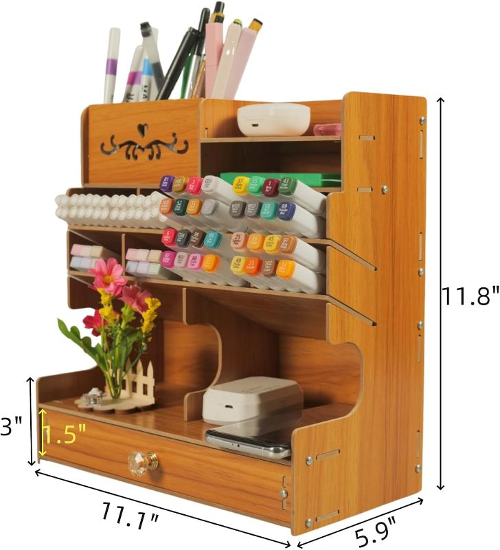 Photo 1 of UXPEYIC Wooden Desk Organizer with Drawer, Multi-Functional DIY Pen Holder, Desktop Stationary Rack, Home Office Art Supply Storage Organizer