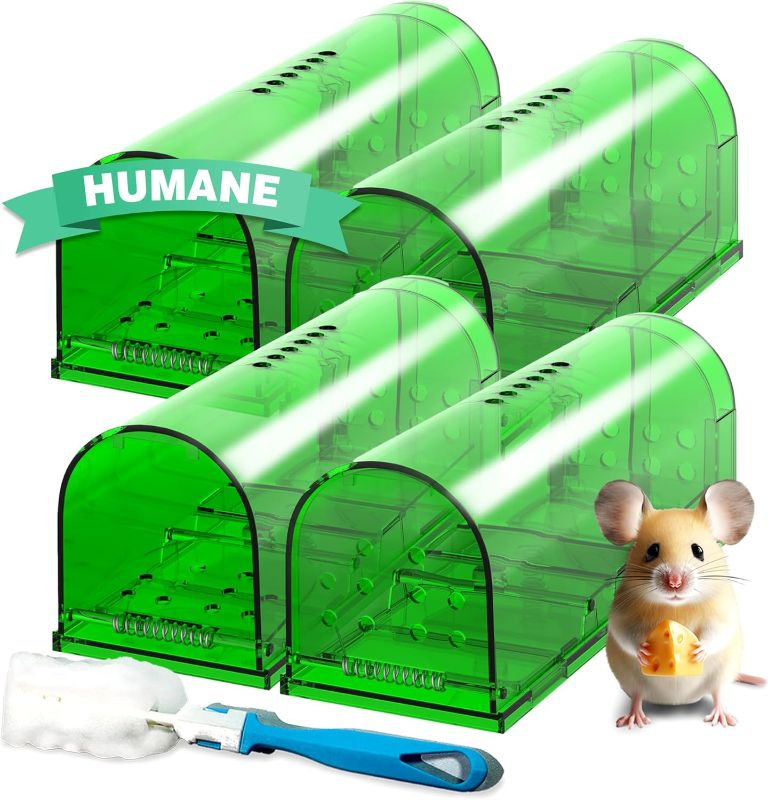 Photo 1 of 4 PACK Mouse Traps Humane Catch and Release, Live Mouse Trap No Kill, No Touch, Pet Safe Mice Trap For Home and Car, Animal Catcher for Mouse, Mole, Rat Trap Easy to Set in Basement, Old House, Garage
