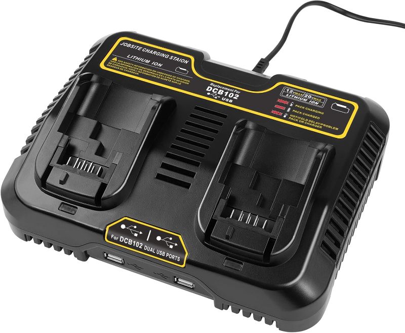 Photo 1 of 12V-20V Max Battery Charger for Dewalt, DCB102 Fast Dual Charger Station Lithium ion Battery Charger DCB203 DCB204 DCB205 DCB206 DCB201 DCB120 DCB127 (2 USB Ports)
