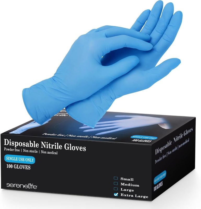 Photo 1 of SereneLife 100 Pcs Nitrile Disposable Gloves - Soft Industrial Gloves, Vinyl Gloves Powder-Free, Latex-Free Protective Gloves, Soft and Comfortable, Size Large, 100 Count
