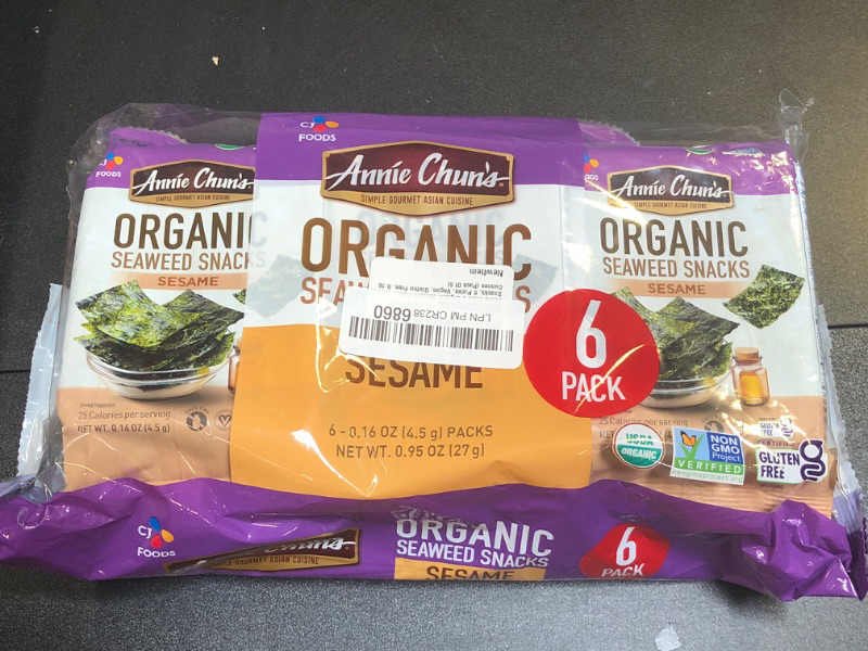 Photo 1 of Annie Chun's Organic Sesame Flavor Seaweed Snacks, 6 Packs, Vegan, Gluten Free, 0.16 Ounces (Pack Of 6) - Best By 8/29/2024