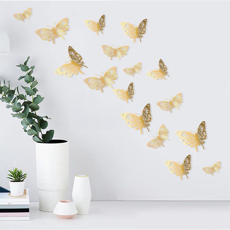 Photo 1 of CIWEI 24 Pcs Butterfly Wall Decor, 3D Gold Butterfly Wall Decal 3 Sizes, Butterfly Party Decorations, Birthday Decorations, Cake Decorating, Wall Stickers Room Decor for Baby Shower Girls Kids
