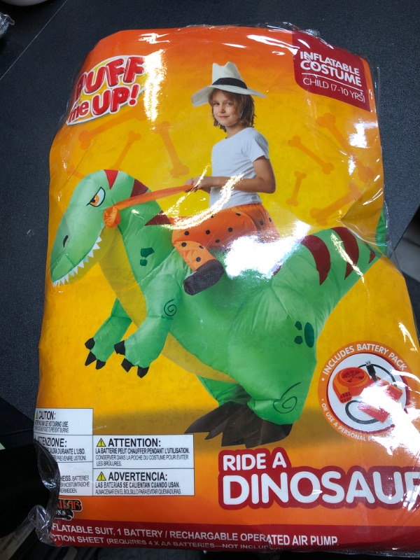 Photo 1 of Spooktacular Creations Inflatable Costume for Kids, Riding a Green Dinosaur Costume, Blow-up Dinosaur Halloween Ride On Costume with Hat - Child (7-10 Yrs)