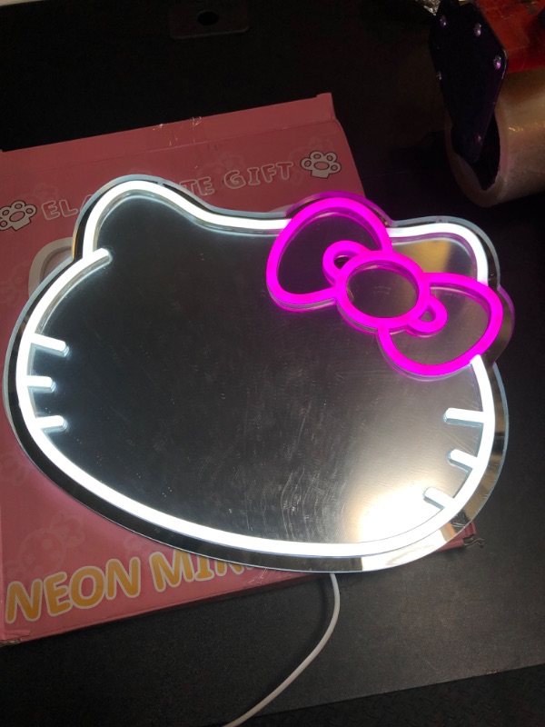 Photo 1 of MCJSGSP Anime Hello Kit Mirror with Light Neon Signs for Wall Decor, Neon Mirror with Dimmable for Teen Girl Gift?Makeup Mirror neon Sign Room Decor