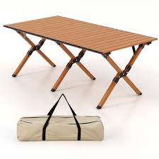 Photo 1 of 47 in. Natural Rectangle Folding Aluminum Camping Table with Carry Bag Roll-Up Picnic Table with Wood Grain
