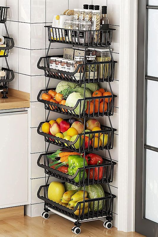 Photo 1 of 5 TIER Kitchen Metal Storage Basket with Wheels Stackable Wire Utility Rolling Cart Vegetable Fruit Baskets Rack for Pantry,Potato,Onions,Beverages Storage(