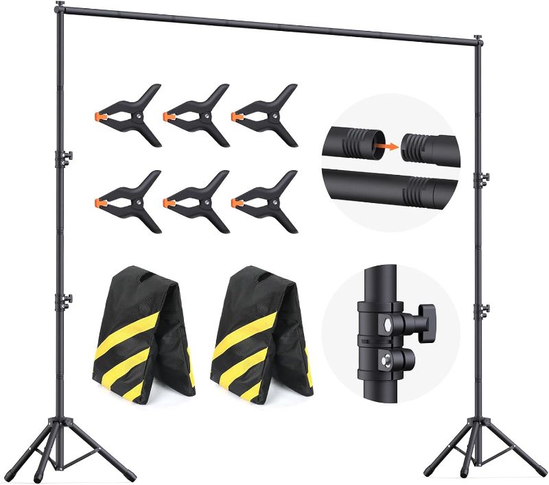 Photo 1 of Backdrop Stand 10x7.5ft (WxH), Photo Backdrop Stand for Parties, Heavy Duty Background Stand Kit with 6 Clamps and 2 Sandbags
