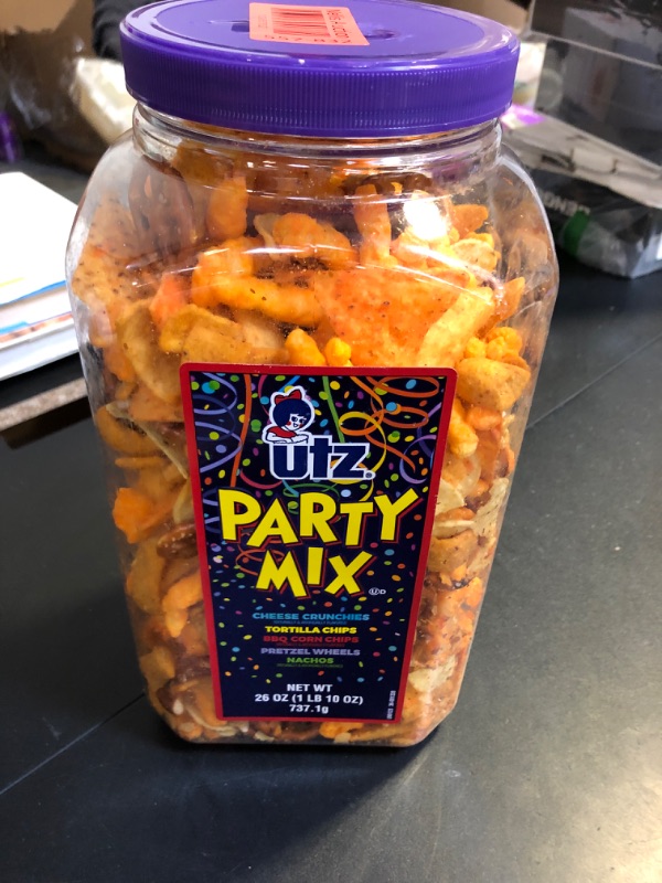 Photo 2 of EXP DATE 09/2024---Utz Party Mix - 26 Ounce Barrel - Tasty Snack Mix Includes Corn/Nacho Tortillas, Pretzels, BBQ Corn Chips and Cheese Curls, Easy and Quick Party Snacks, Cholesterol Free and Trans-Fat Free 1.63 Pound (Pack of 1) Party Mix - 26 Ounce