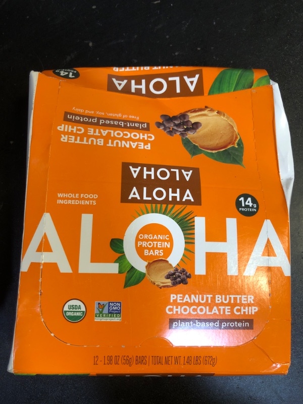 Photo 2 of ALOHA Organic Plant Based Protein Bars |Peanut Butter Chocolate Chip | 1.98 Oz (Pack of 12) | Vegan, Low Sugar, Gluten Free, Paleo, Low Carb, Non-GMO, Stevia Free, Soy Free, No Sugar Alcohols EXP AUG 12/2025