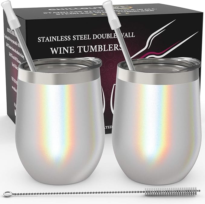 Photo 1 of CHILLOUT LIFE Stainless Steel Wine Tumblers 2 Pack 16 oz - Double Wall Vacuum Insulated Wine Cups with Lids and Straws Set for Coffee, Wine, Cocktails -