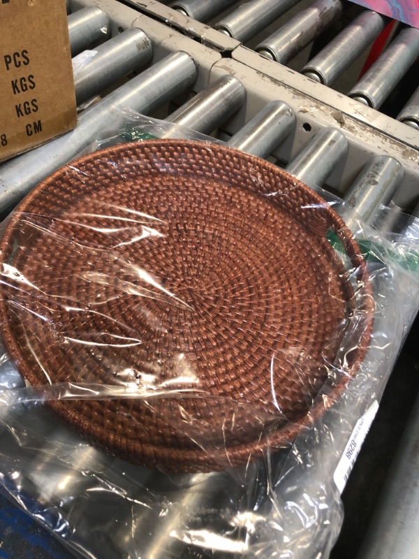 Photo 1 of HITOMEN 11.8'' Hand-Woven Round Rattan Serving Tray Decorative Wicker Trays with Handles for Coffee Table (Brown-M)
