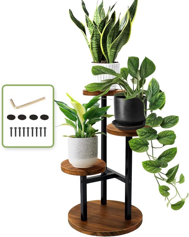 Photo 1 of 3 Tier Plant Stand, Tall Metal Wood Shelf Holder for Indoor, Outdoor Display Rack Flower Pot Stand for Corner Living Room Balcony Garden Patio