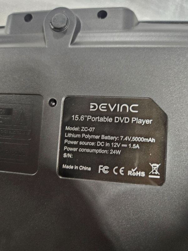 Photo 3 of **USED**
DEVINC 17.9" Portable DVD Player with 15.6" HD Swivel Screen, Support Multiple DVD CD Formats/USB/SD Card/Sync TV, 6 Hours Rechargeable Battery, Car Charger, Remote Control, Region Free