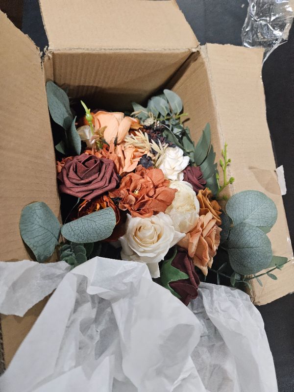 Photo 2 of **USED**
 Rinlong Fall Cascading Wedding Bouquets for Bride Burnt Orange Cascade Bridal Bouquet for Wedding Terracotta Artificial Silk Flowers Wedding Bouquet