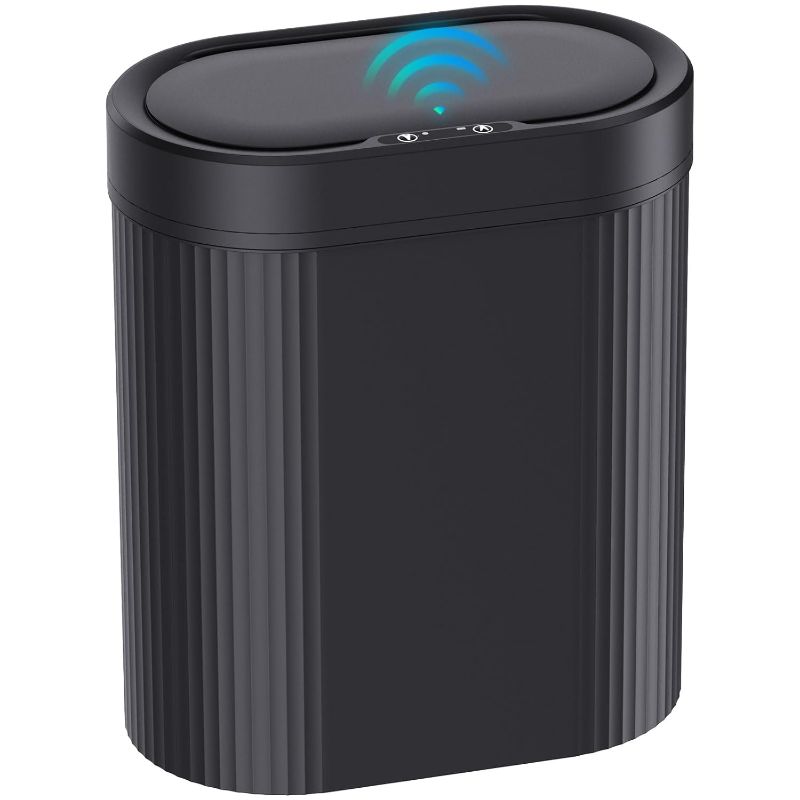 Photo 1 of ***tested, no AA 1.5V batteries inside*** jinligogo Bathroom Trash Can with Lid, Automatic Motion Sensor Black Trash Can, Touchless Slim Waterproof Garbage Bin for Kitchen, Bedroom, Office, and Bathroom