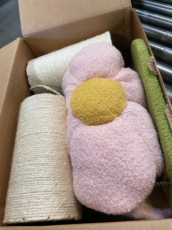 Photo 1 of PEQULTI Flower Cat Scratching Post, Small Cat Tree, Tall Cat Scratcher for Indoor Cats with Super Thick Scratching Post [Dia=5.5''], Removable Flower Cat Bed, Cat Scratch Post with Spring Ball, Pink