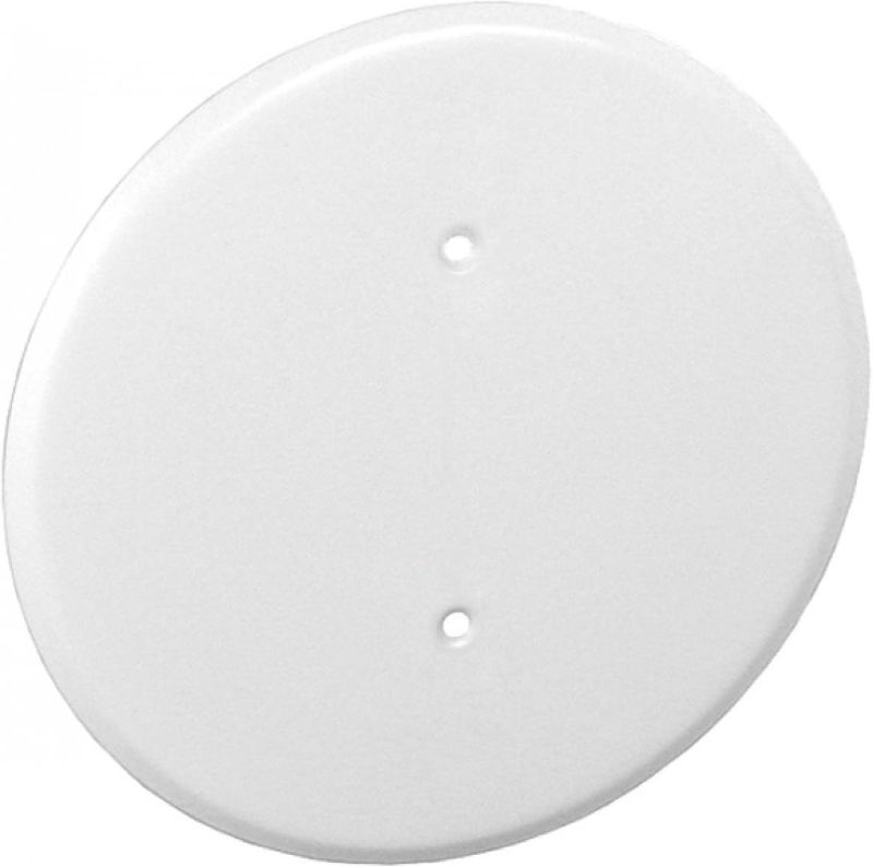 Photo 1 of 1 Pc, 0.0276 Thick White Powder Coated Steel 8 In. Ceiling Blank-Up Cover, White, For Raised Ring Or 3-1/2 In. Round/Octagon Box For Oversize Box Openings Or Drywall & Plaster Imperfections
