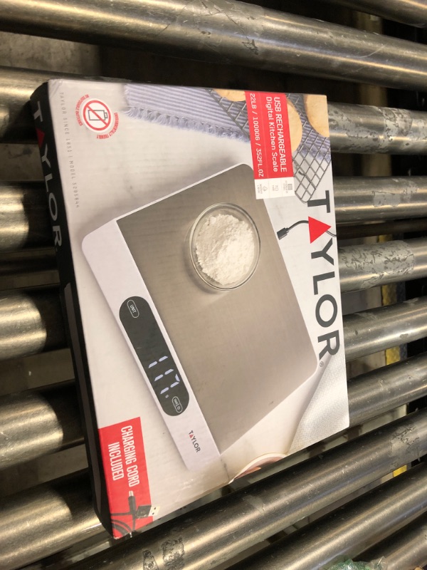 Photo 1 of Taylor 22LB High Capacity Kitchen Food Scale with Stainless Steel Surface, Backlit Display, and USB Recharging Cord Included, White