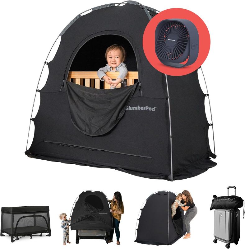 Photo 1 of SlumberPod with Fan The Original Blackout Sleep Tent Travel Essential for Baby and Toddlers, Mini Crib and Pack n Play Cover, Sleep Pod with Monitor Pouch and Fan Pouch, Blocks 95%+ Light, Black
