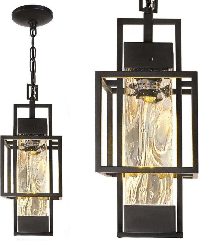 Photo 1 of 15" Outdoor Indoor Pendant Light Exterior Hanging Lantern, Modern Black Metal Outside Chandelier Light Fixture Ceiling Mount with Water Glass for Front Porch Entrance Foyer Entryway (Bulb Included)
