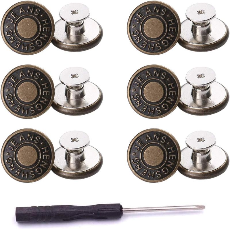 Photo 1 of 12 Pcs Button for Sewing Metal Jeans,ICEYLI 17 mm No-Sew Nailess Removable Metal Jeans Buttons Replacement Repair Combo Thread Rivets and Screwdrivers