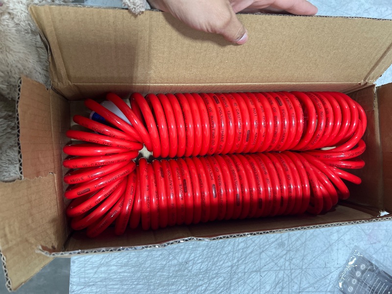 Photo 1 of SAFELIFE 50 ft Polyurethane Recoil Air Hose1/4" Inner Diameter, Retractable Air Compressor Hose with Bend Restrictor, 1/4" Industrial Universal Quick Coupler and Plug