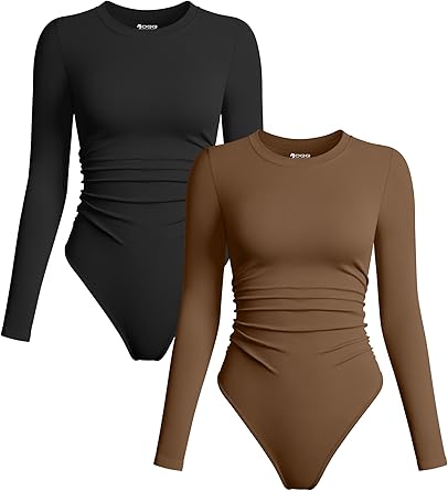 Photo 1 of OQQ Womens 2 Piece Bodysuits Crew Neck Long Sleeve Ruched Stretch Fitted Bodysuits
