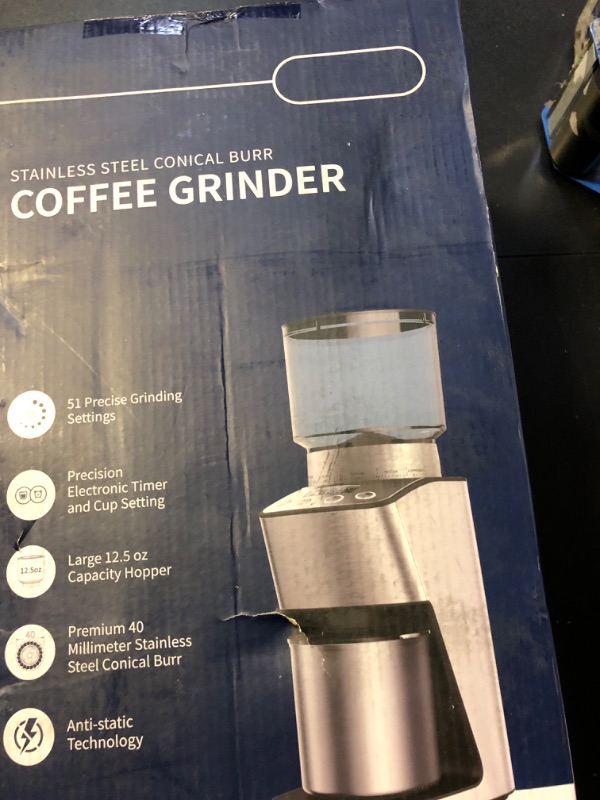 Photo 1 of SHARDOR Conical Burr Coffee Grinder Electric, Espresso Coffee Bean Grinder with Precision Electronic Timer, Adjustable Burr Mill with 51 Precise Settings for Home Use, Stainless Steel Container
