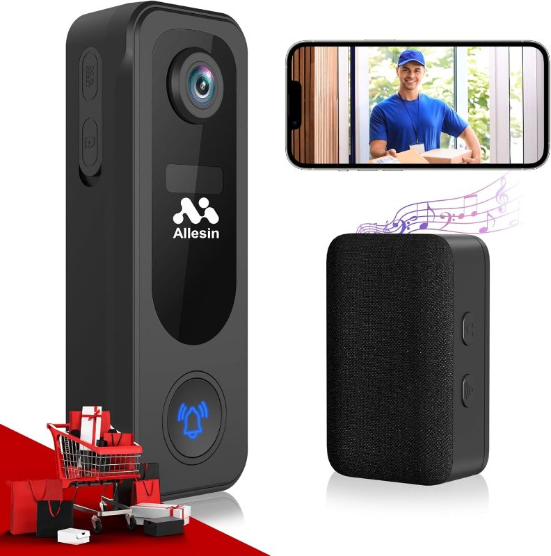 Photo 1 of Allesin Doorbell Camera Wireless 2K HD with Chime, Video Camera Doorbell,Voice Changer, 2.4G WiFi ONLY,2-Way Audio, SD/Cloud Storage, Night Vision, IP65...