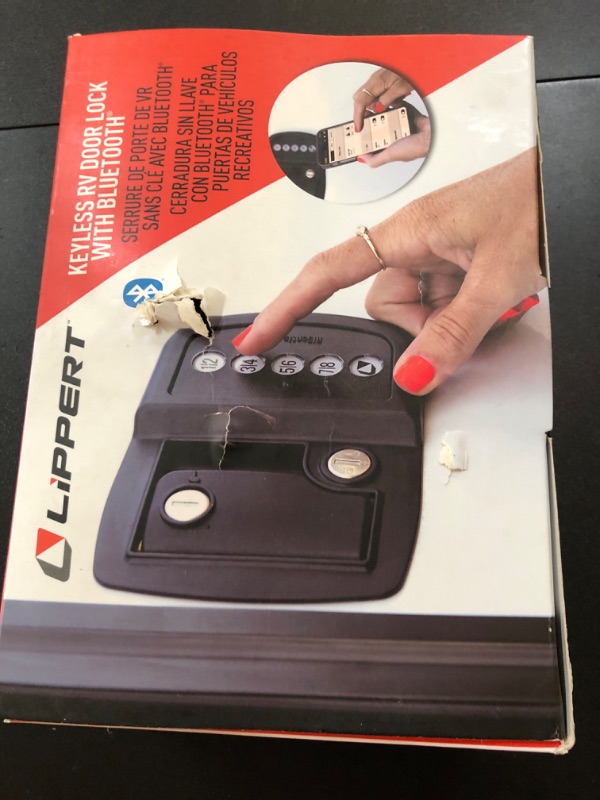 Photo 1 of Lippert Keyless RV Door Lock with 60' Bluetooth Range, Lighted Keypad Buttons, 3 Battery Modes, Aluminum Construction, Black Powder-Coated Finish, Right-Hand Latch Configuration - 2022119636