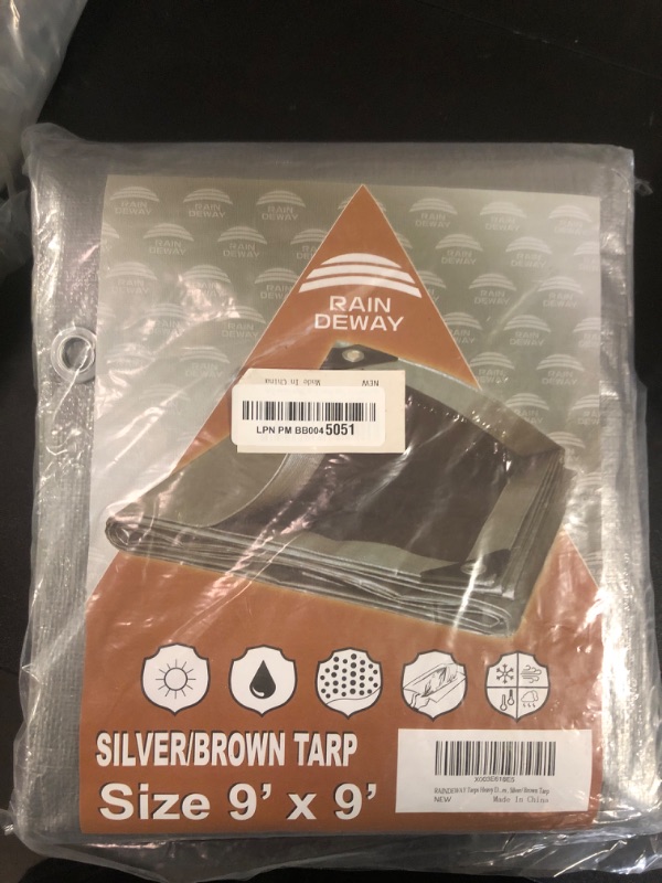 Photo 1 of RAINDEWAY Tarps Heavy Duty Waterproof 9x9 Feet, 10Mil Multipurpose Poly Tarp Cover with Metal Grommets and Reinforced Edges, Silver/Brown Tarp