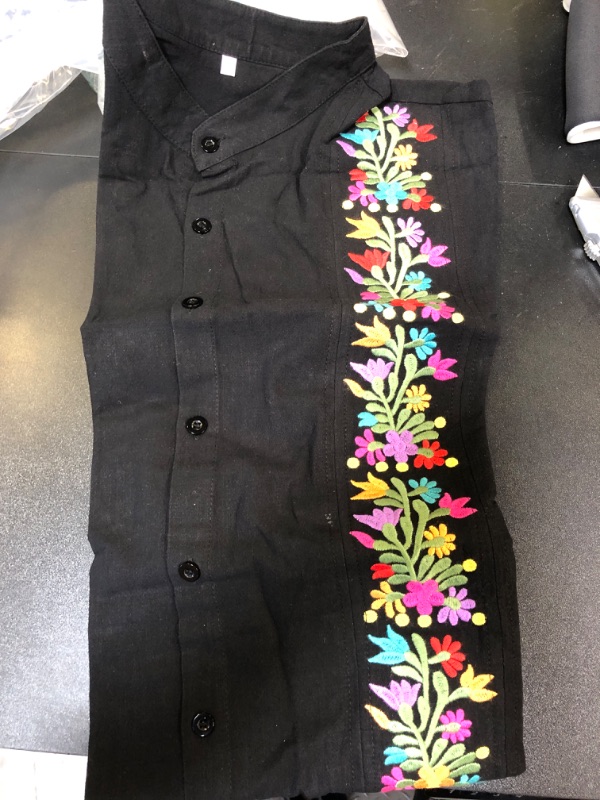 Photo 1 of Mexican Button Up Shirts for Men Ideal for Cinco de Mayo Fiesta Men's Black Traditional Mexican Shirt Authentic Guayabera Style Floral Embroidered Dress Shirt for Formal Events Short Sleeve Wedding Size Medium