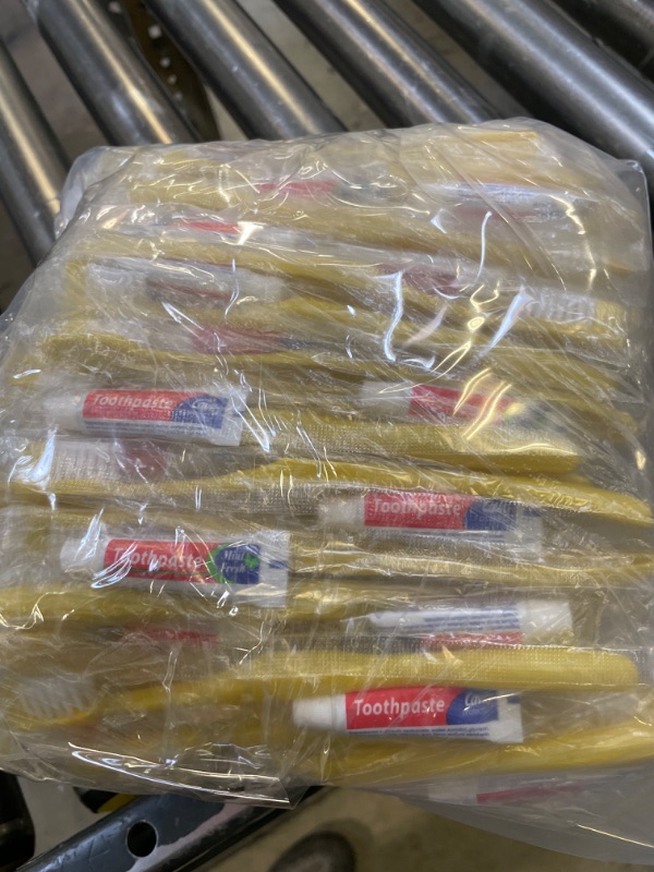 Photo 1 of Xuezoioy Disposable Toothbrushes with Toothpaste, 90 Pack Yellow Hollow Individually Wrapped Disposable Travel Toothbrushes Kit in Bulk for Homeless,Nursing Home,Hotel,Charity