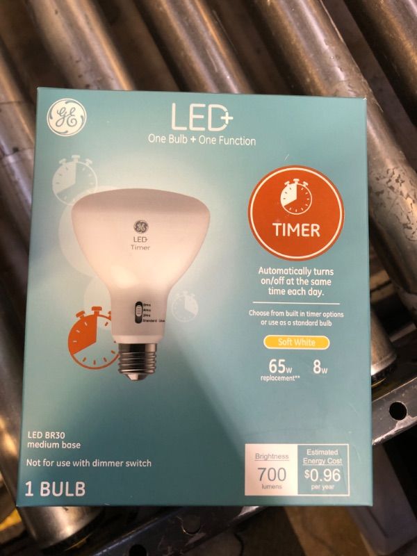 Photo 1 of GE LED+ Timer BR30 LED Light Bulbs, Built-in Automatic Indoor Timer Light, 8W, Soft White (1 Pack)
