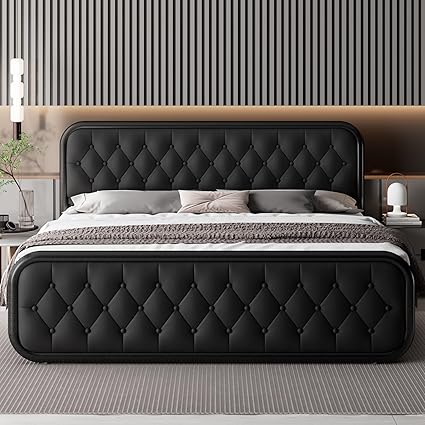 Photo 1 of Feonase King Size Bed Frame, Heavy Duty Bed Frame with Faux Leather Headboard, Upholstered Platform Bed with Strong Metal Slats, 12" Under-Bed Storage, Noise-Free, Easy Assembly, Black
