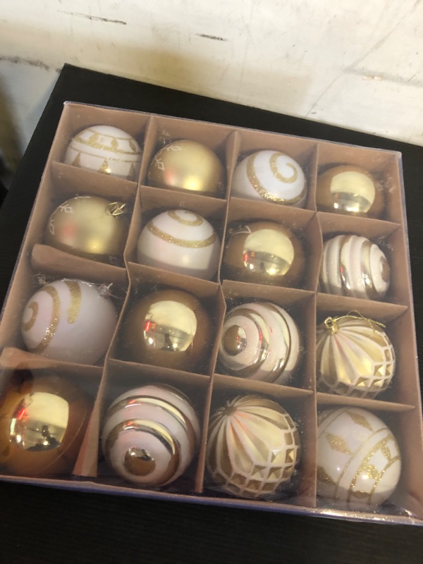 Photo 1 of 16PCS White and Gold Christmas Ornaments, 80mm/3.15" Large Christmas Deco Balls with Artistic Painting, Shatterproof Plastic Hanging Ornaments for Christmas/Festival/Party (White & Gold)